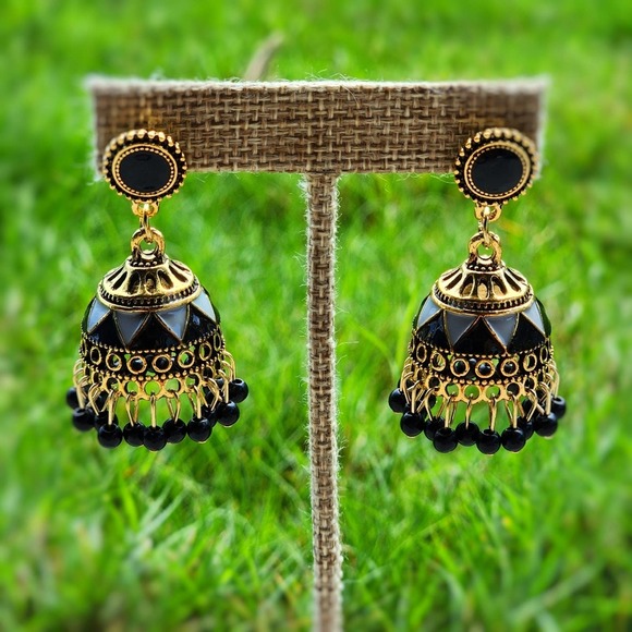 Bohemian Bell Earrings Retro Vintage Gold Trendy Ball Glam Ear Jewelry Black - Picture 4 of 4